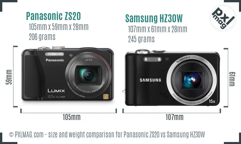 Panasonic ZS20 vs Samsung HZ30W size comparison