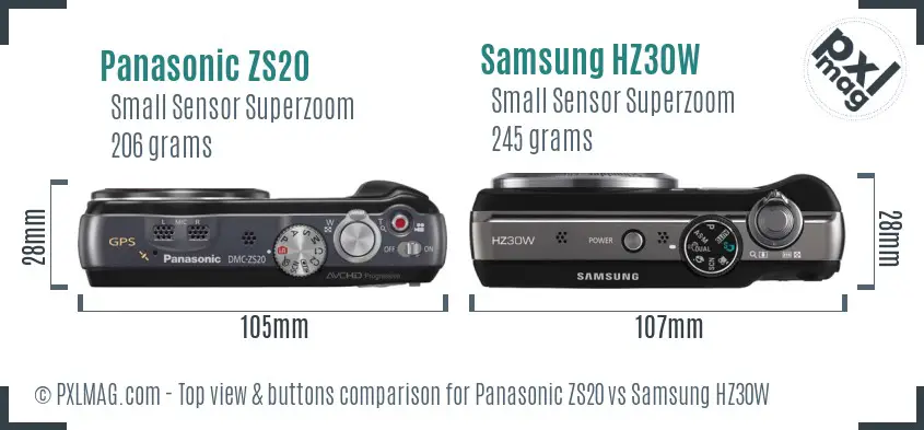 Panasonic ZS20 vs Samsung HZ30W top view buttons comparison