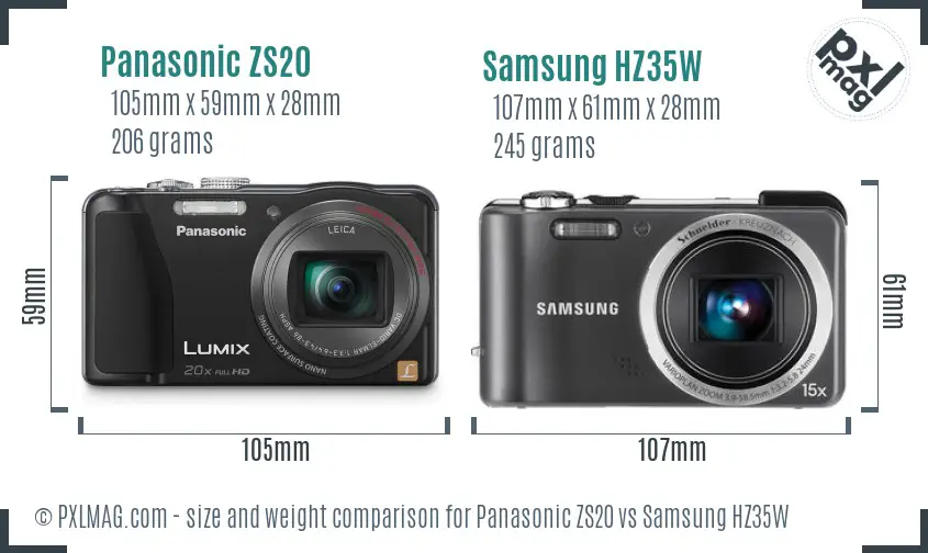 Panasonic ZS20 vs Samsung HZ35W size comparison