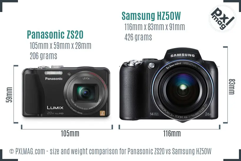Panasonic ZS20 vs Samsung HZ50W size comparison
