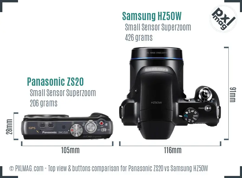 Panasonic ZS20 vs Samsung HZ50W top view buttons comparison