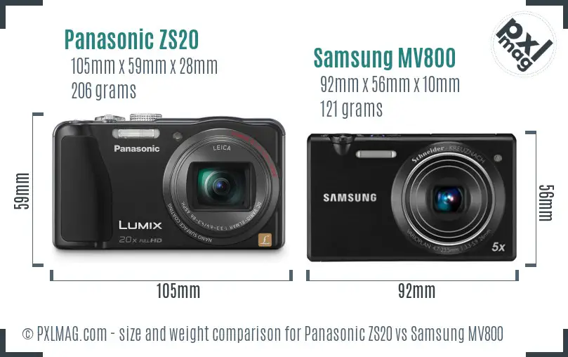 Panasonic ZS20 vs Samsung MV800 size comparison