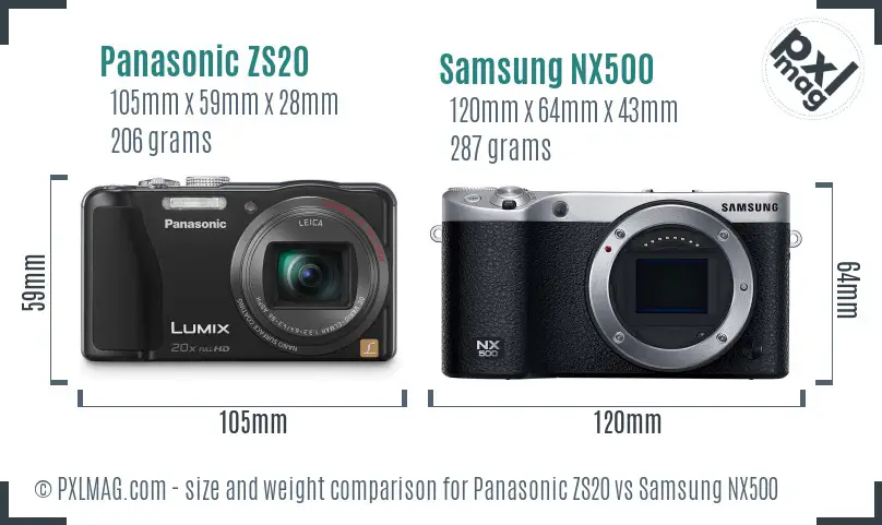 Panasonic ZS20 vs Samsung NX500 size comparison