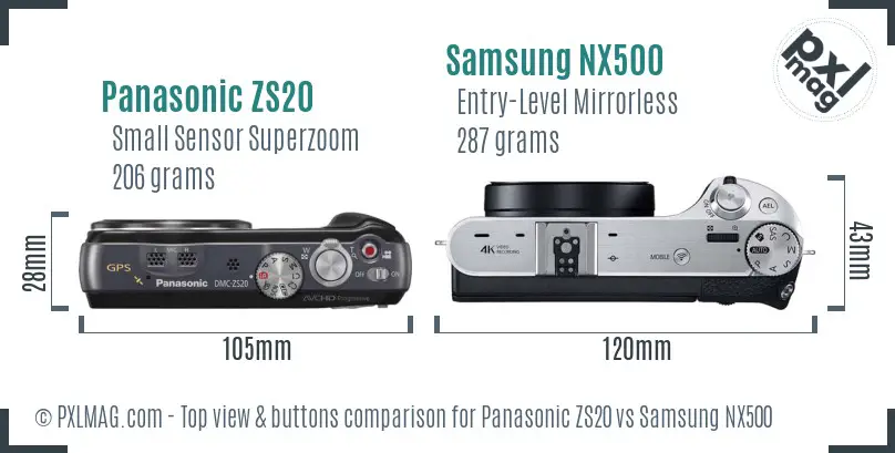 Panasonic ZS20 vs Samsung NX500 top view buttons comparison