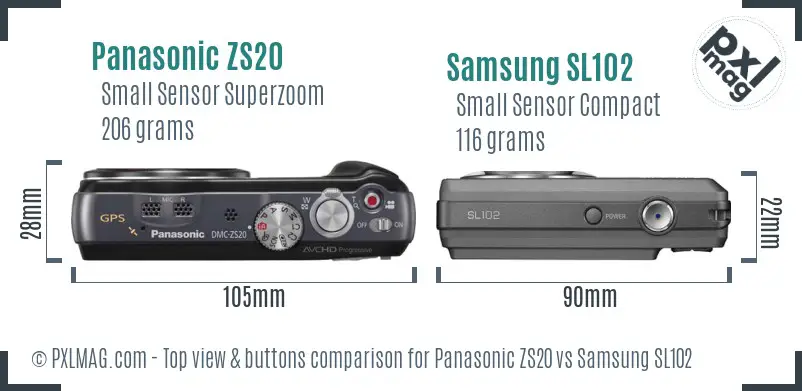 Panasonic ZS20 vs Samsung SL102 top view buttons comparison Panasonic ZS20 vs Samsung SL102 top view buttons comparison
