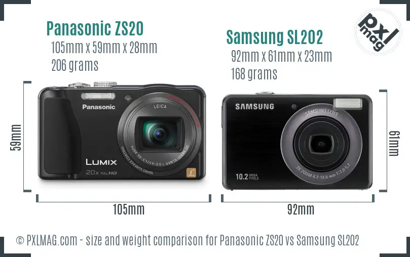Panasonic ZS20 vs Samsung SL202 size comparison