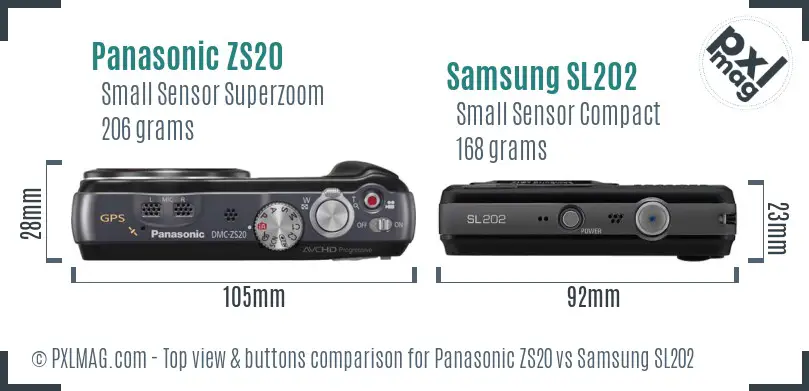 Panasonic ZS20 vs Samsung SL202 top view buttons comparison