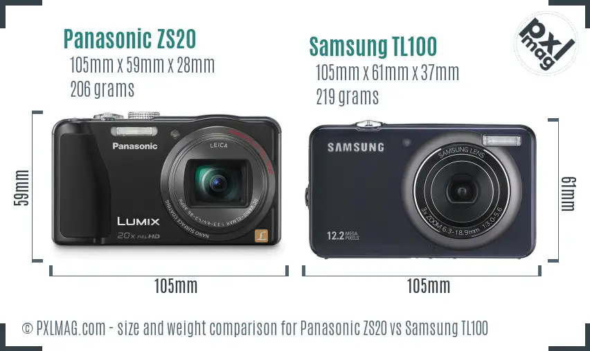 Panasonic ZS20 vs Samsung TL100 size comparison