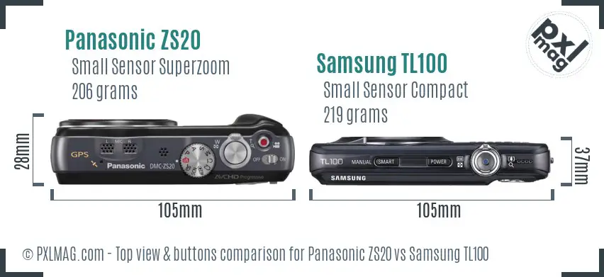 Panasonic ZS20 vs Samsung TL100 top view buttons comparison