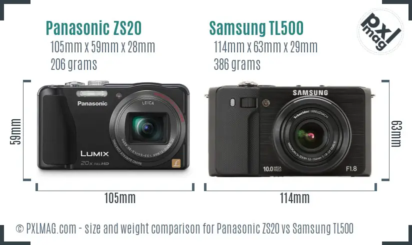 Panasonic ZS20 vs Samsung TL500 size comparison