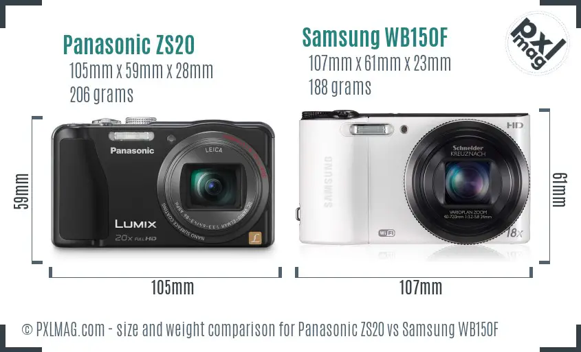 Panasonic ZS20 vs Samsung WB150F size comparison