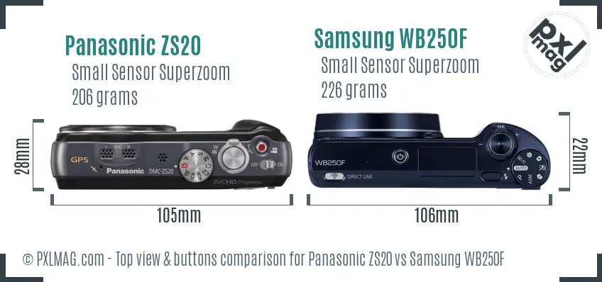 Panasonic ZS20 vs Samsung WB250F top view buttons comparison Panasonic ZS20 vs Samsung WB250F top view buttons comparison