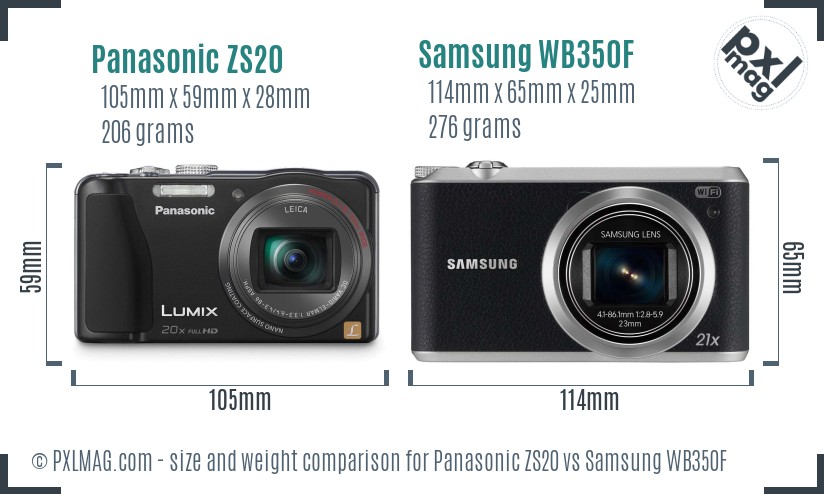 Panasonic ZS20 vs Samsung WB350F size comparison