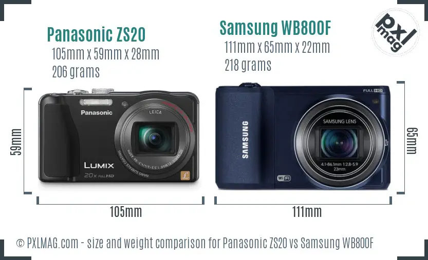 Panasonic ZS20 vs Samsung WB800F size comparison
