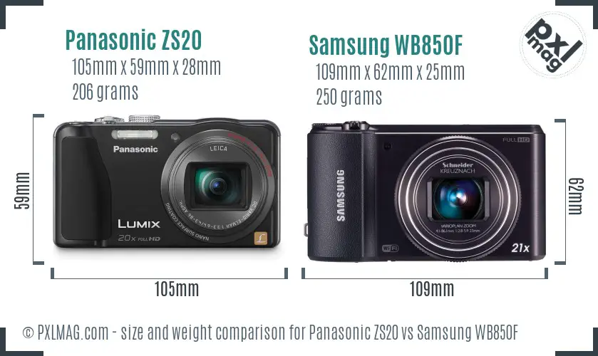 Panasonic ZS20 vs Samsung WB850F size comparison