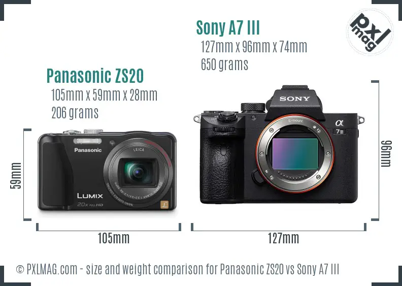 Panasonic ZS20 vs Sony A7 III size comparison