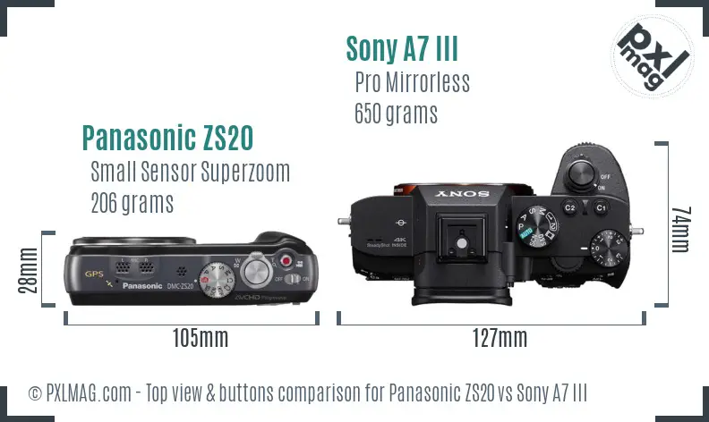 Panasonic ZS20 vs Sony A7 III top view buttons comparison