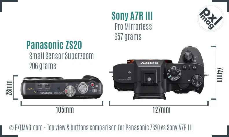 Panasonic ZS20 vs Sony A7R III top view buttons comparison