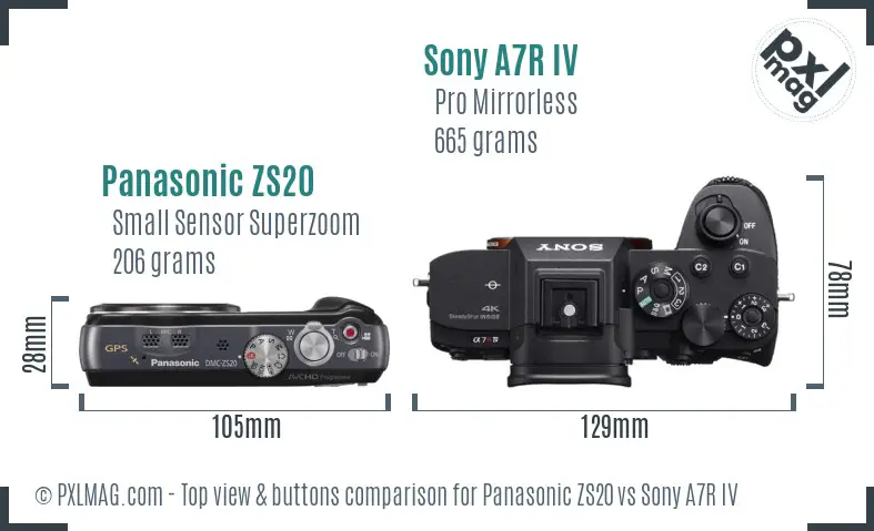 Panasonic ZS20 vs Sony A7R IV top view buttons comparison