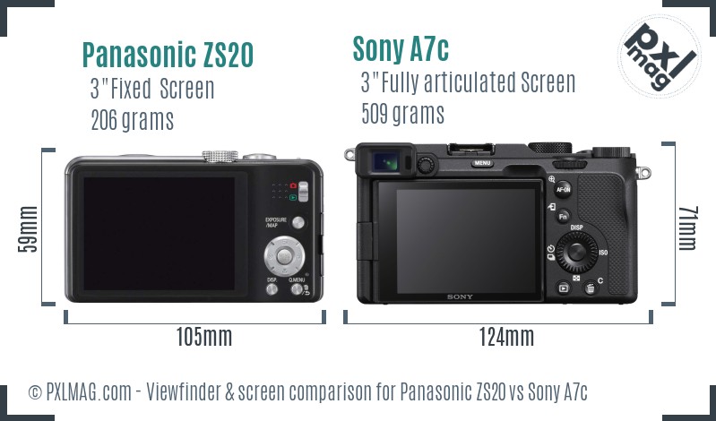 Panasonic ZS20 vs Sony A7c Screen and Viewfinder comparison