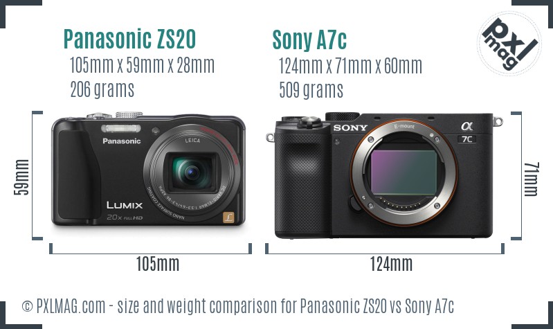 Panasonic ZS20 vs Sony A7c size comparison