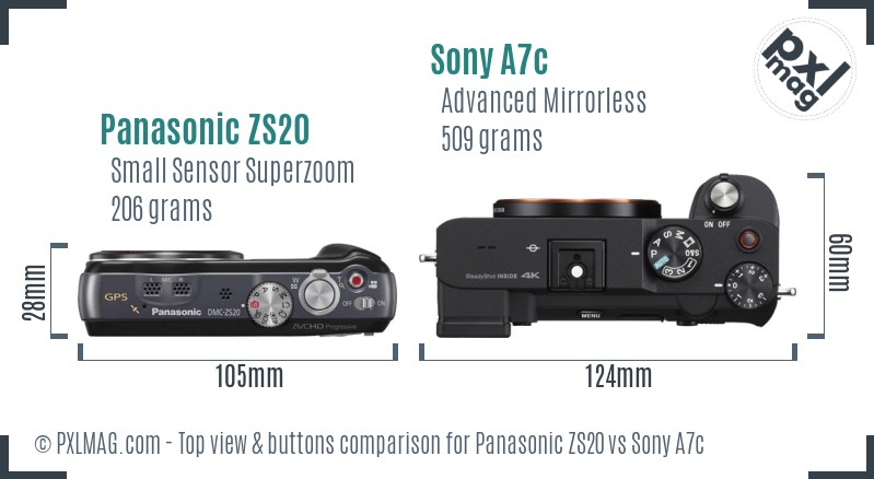 Panasonic ZS20 vs Sony A7c top view buttons comparison