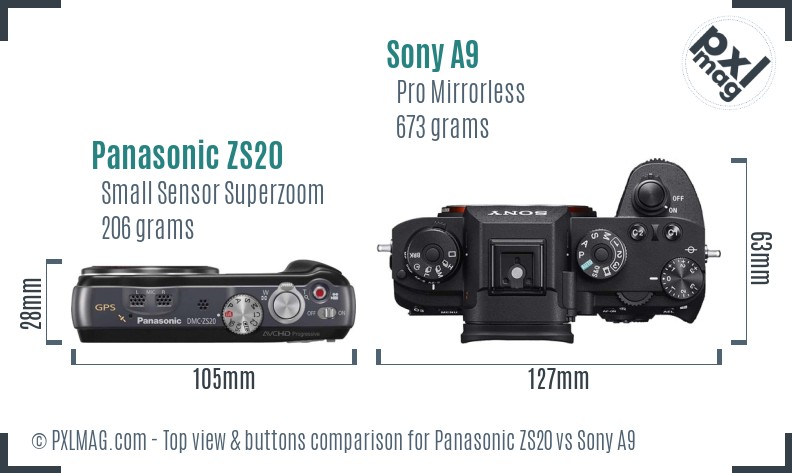 Panasonic ZS20 vs Sony A9 top view buttons comparison