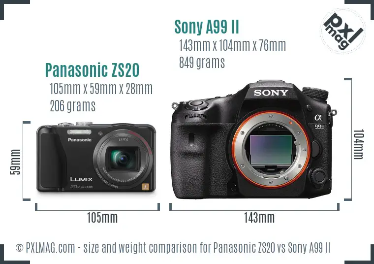 Panasonic ZS20 vs Sony A99 II size comparison