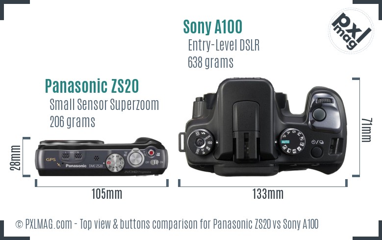 Panasonic ZS20 vs Sony A100 top view buttons comparison