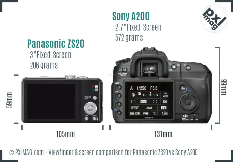 Panasonic ZS20 vs Sony A200 Screen and Viewfinder comparison