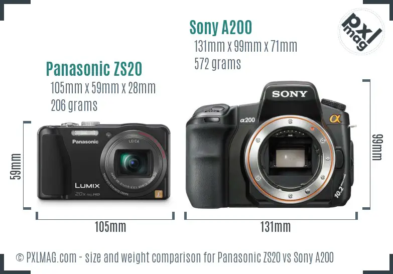 Panasonic ZS20 vs Sony A200 size comparison