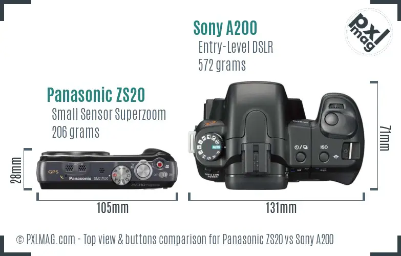 Panasonic ZS20 vs Sony A200 top view buttons comparison