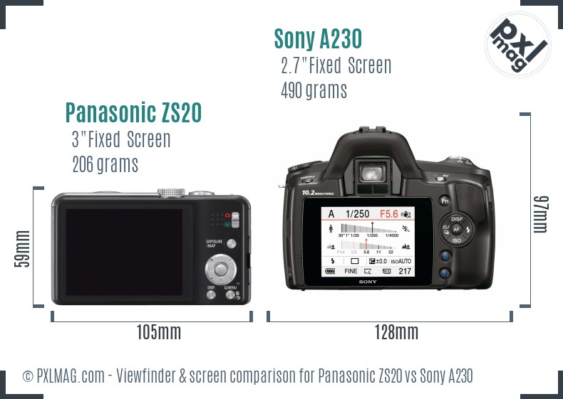 Panasonic ZS20 vs Sony A230 Screen and Viewfinder comparison