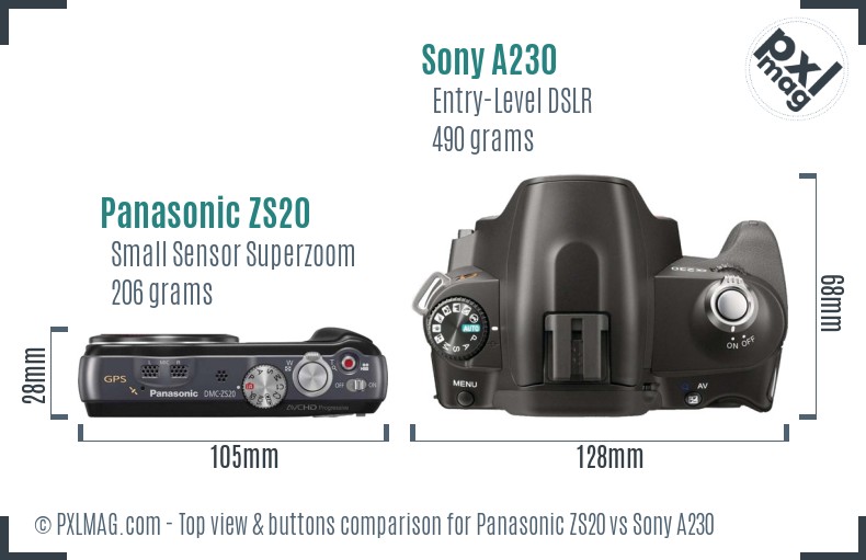 Panasonic ZS20 vs Sony A230 top view buttons comparison