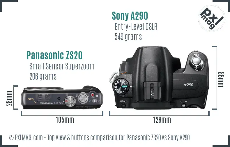 Panasonic ZS20 vs Sony A290 top view buttons comparison Panasonic ZS20 vs Sony A290 top view buttons comparison