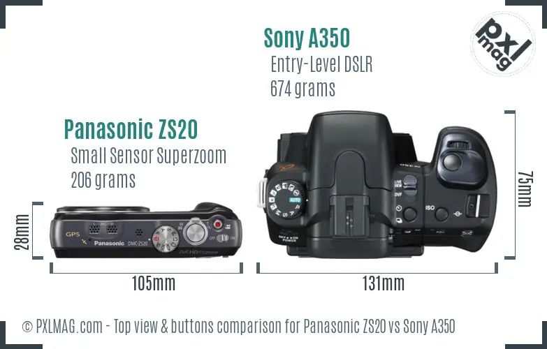 Panasonic ZS20 vs Sony A350 top view buttons comparison