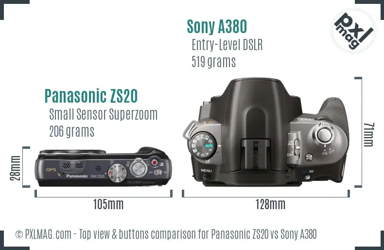 Panasonic ZS20 vs Sony A380 top view buttons comparison Panasonic ZS20 vs Sony A380 top view buttons comparison