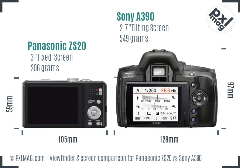 Panasonic ZS20 vs Sony A390 Screen and Viewfinder comparison