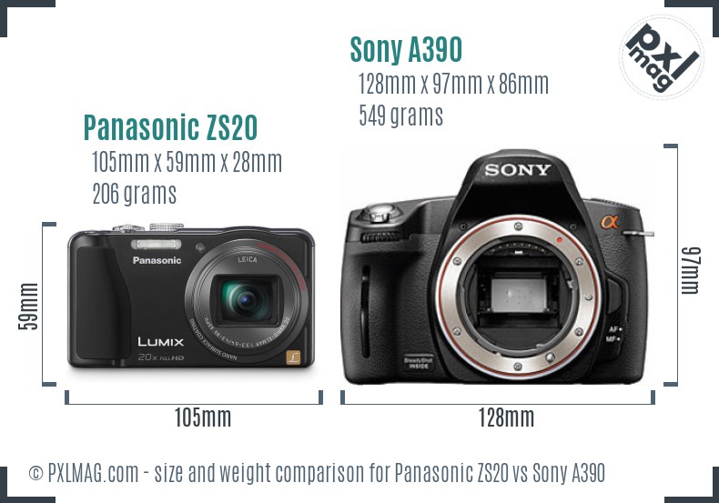 Panasonic ZS20 vs Sony A390 size comparison