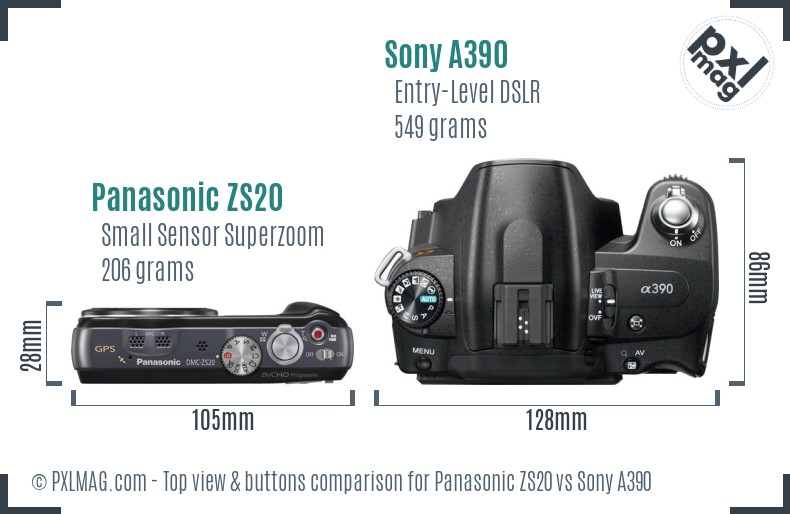Panasonic ZS20 vs Sony A390 top view buttons comparison