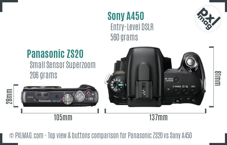 Panasonic ZS20 vs Sony A450 top view buttons comparison