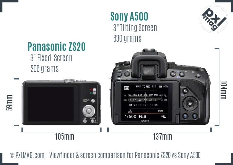 Panasonic ZS20 vs Sony A500 Screen and Viewfinder comparison