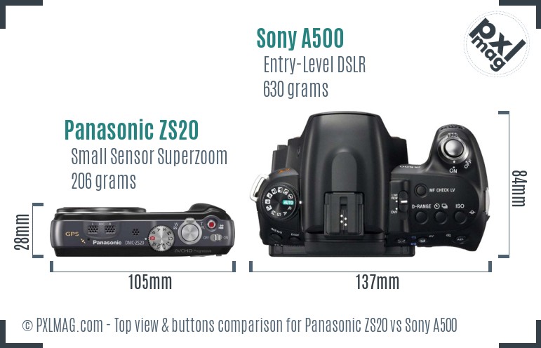 Panasonic ZS20 vs Sony A500 top view buttons comparison