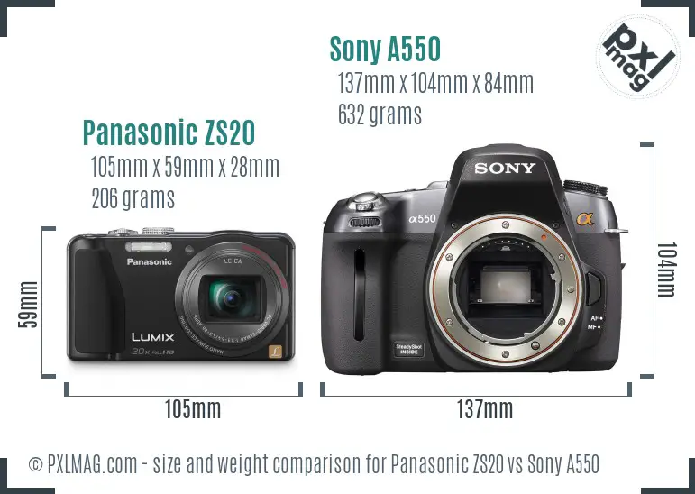 Panasonic ZS20 vs Sony A550 size comparison Panasonic ZS20 vs Sony A550 size comparison