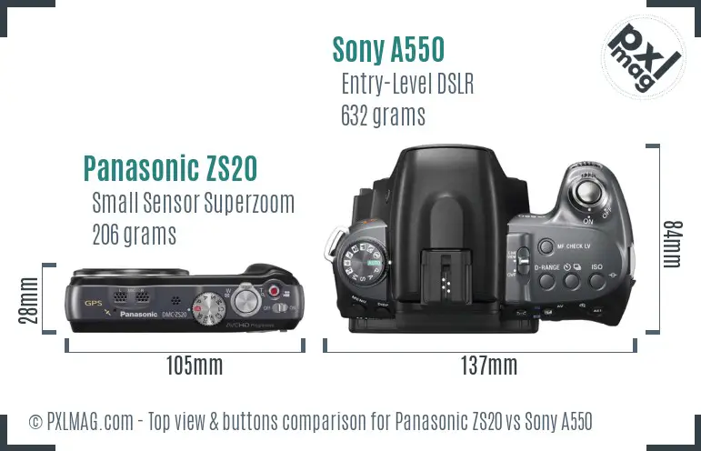 Panasonic ZS20 vs Sony A550 top view buttons comparison Panasonic ZS20 vs Sony A550 top view buttons comparison