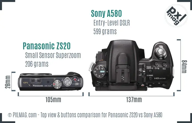 Panasonic ZS20 vs Sony A580 top view buttons comparison