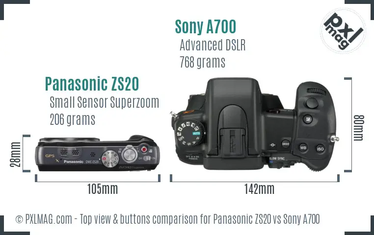 Panasonic ZS20 vs Sony A700 top view buttons comparison