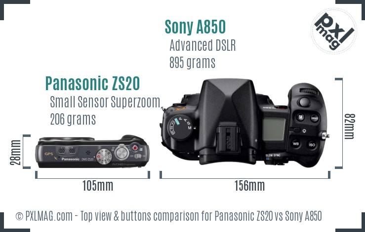 Panasonic ZS20 vs Sony A850 top view buttons comparison