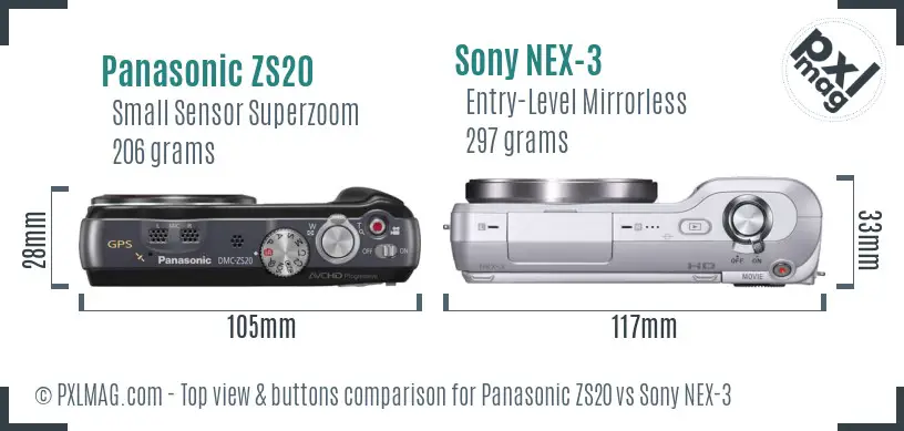 Panasonic ZS20 vs Sony NEX-3 top view buttons comparison Panasonic ZS20 vs Sony NEX-3 top view buttons comparison
