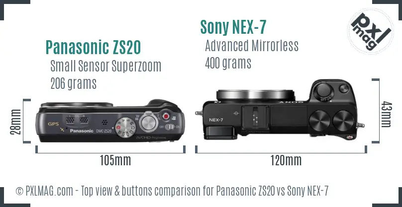 Panasonic ZS20 vs Sony NEX-7 top view buttons comparison Panasonic ZS20 vs Sony NEX-7 top view buttons comparison